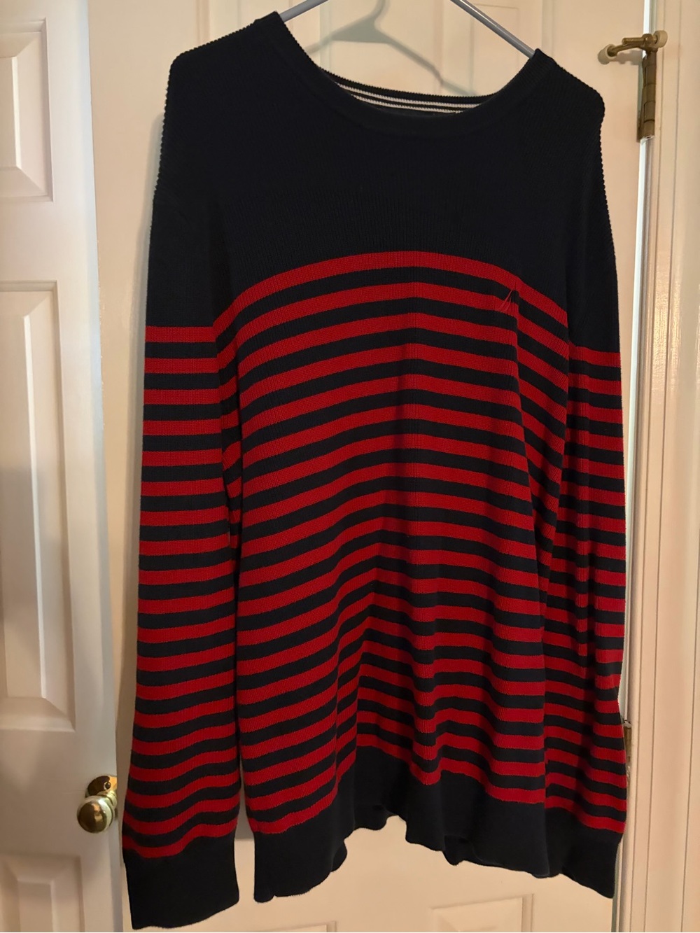 Nautica Red and Black Striped Knit Crewneck Sweater